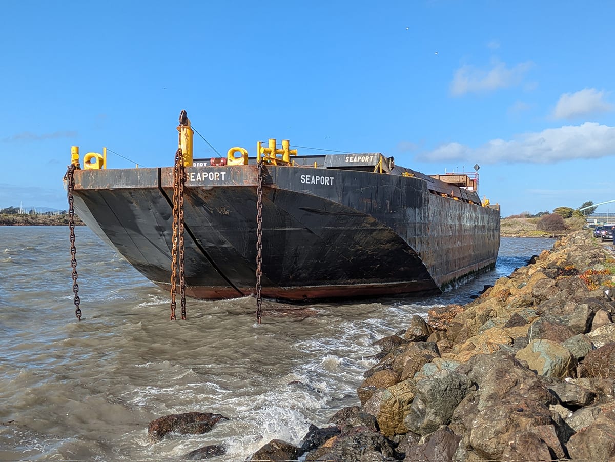 Storm grounds barge named Seaport in Berkeley waters